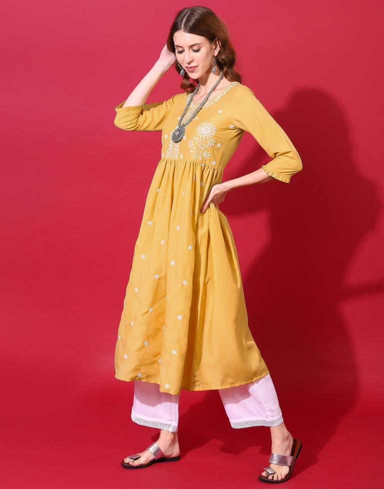 Yellow Color Latest Printed Rayon Kurti with Skirt | All IndiaCollections